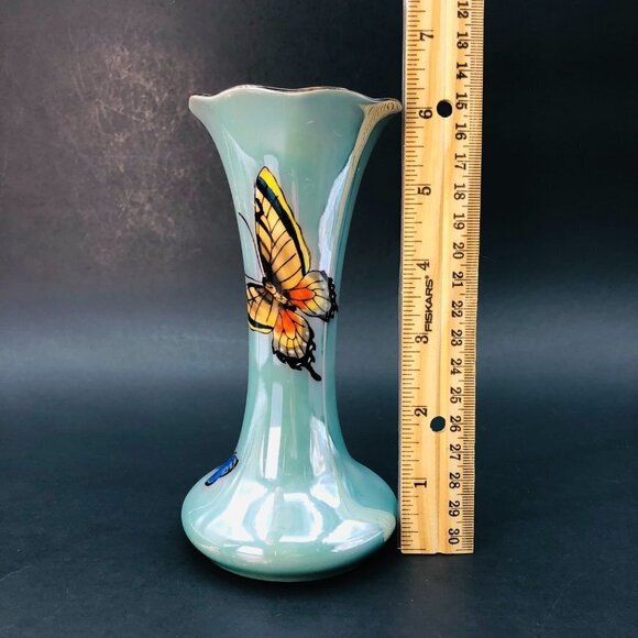 Art Deco Era Noritake Morimura Bud Vase Turquoise Peach Lustreware Butterflies - Picture 13 of 13